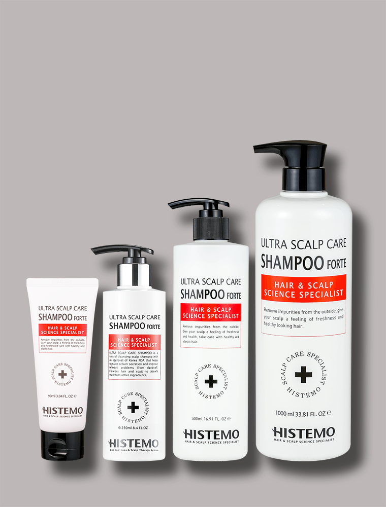 Full lineup of Histemo Shampoo bottles in all available sizes, displayed side by side for size comparison and product scale reference.